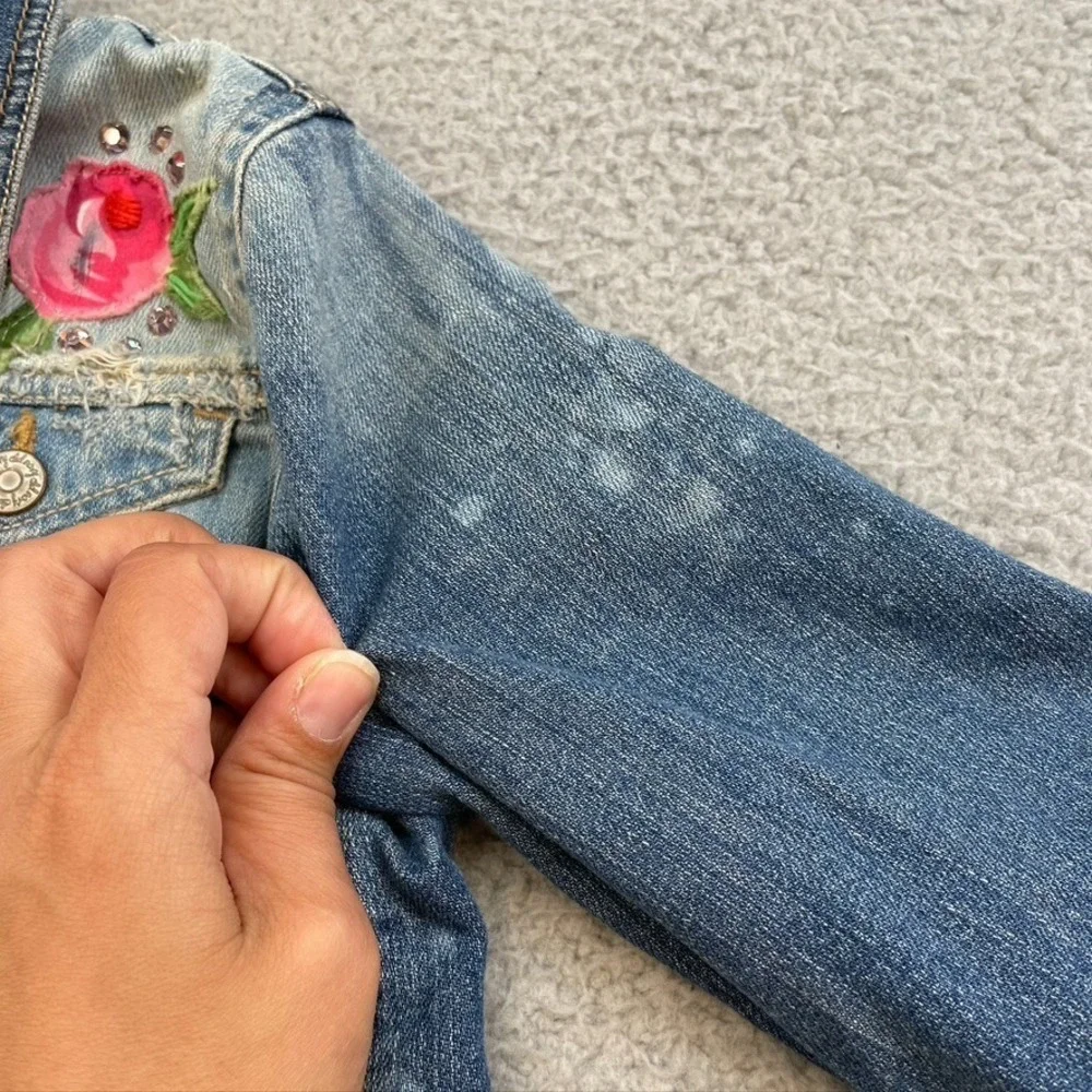 Lindsey Berns Jeans Jacket Girls 4T Blue Denim Pink Floral Rhinestone Coquette